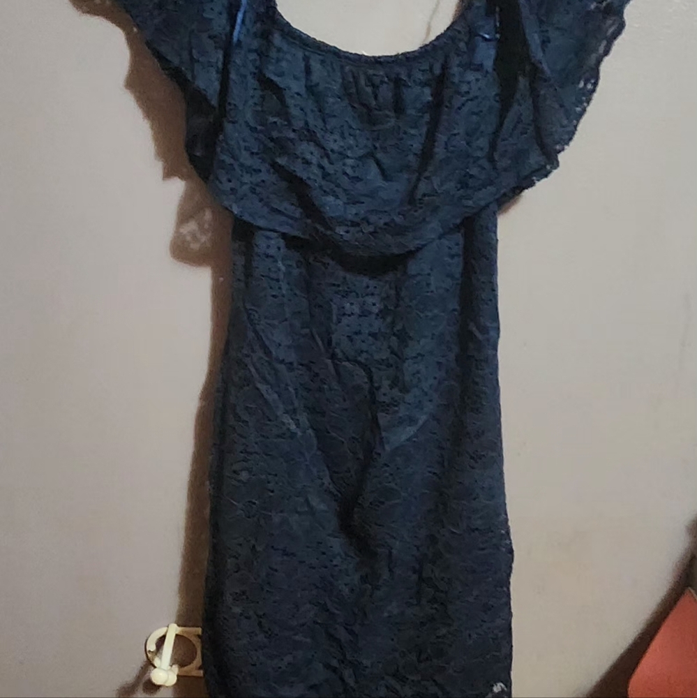 Blue Mini Dress with Ruffled Off-Shoulder Design
